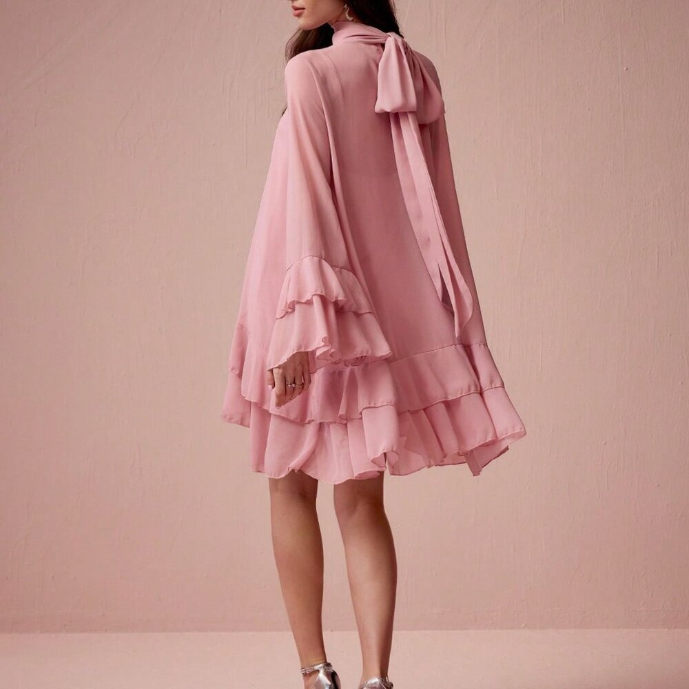 Pink Elegant Women's Ruffle Flared Sleeve Dress - Picture 2 of 7